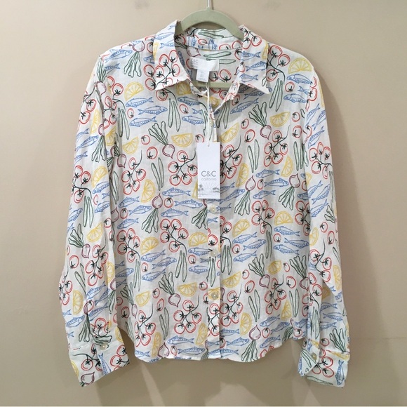 C&C California Tops - C&C California Fish & Veggie Print Button Down Shirt Linen White Womens L NWT